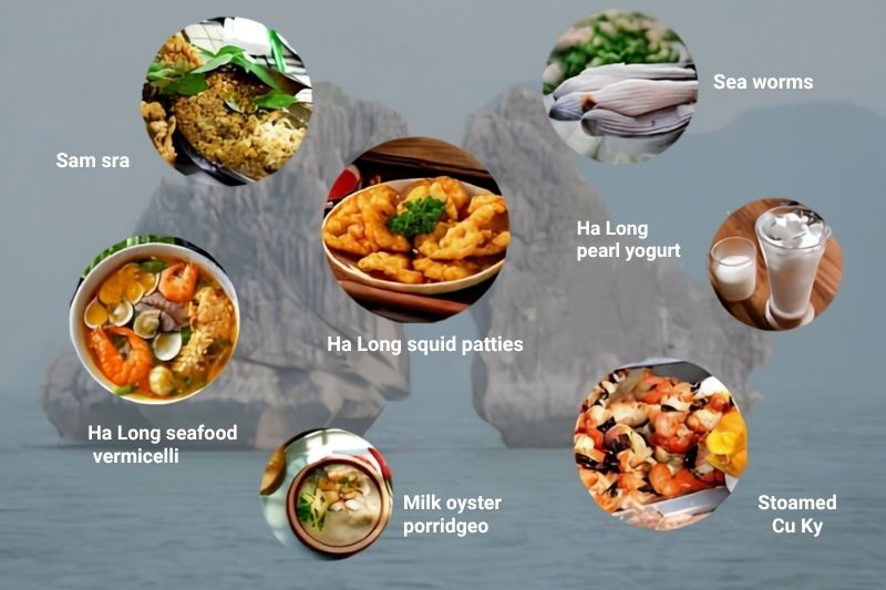 Local seafood specialties in Halong Bay including cha muc and ngan