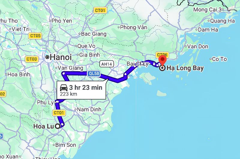 Road route from Ninh Binh to Halong Bay