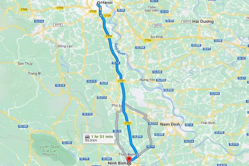 A conceptual map illustrating the highway and railway routes connecting downtown Hanoi to Ninh Binh province.