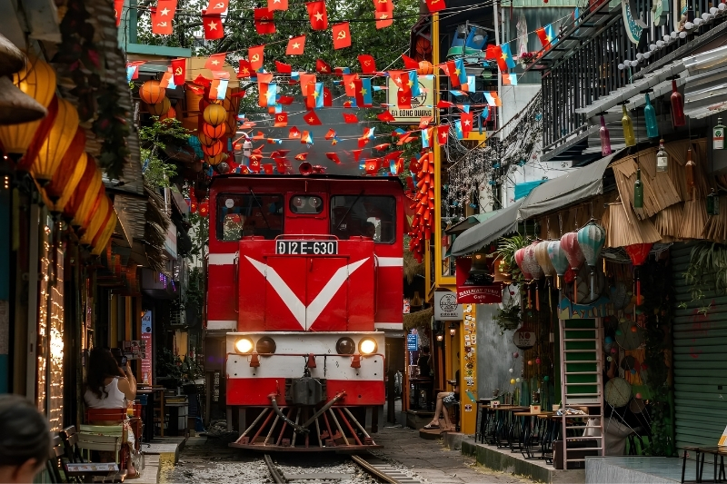 A classic blue and red Vietnam Railways train rolling past green rice fields on its journey from Hanoi to Ninh Binh station.