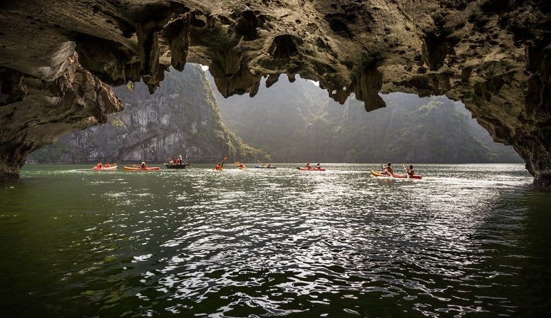 Kayaking activity at Dark - Bright Cave during the one-day Lan Ha Bay tour.